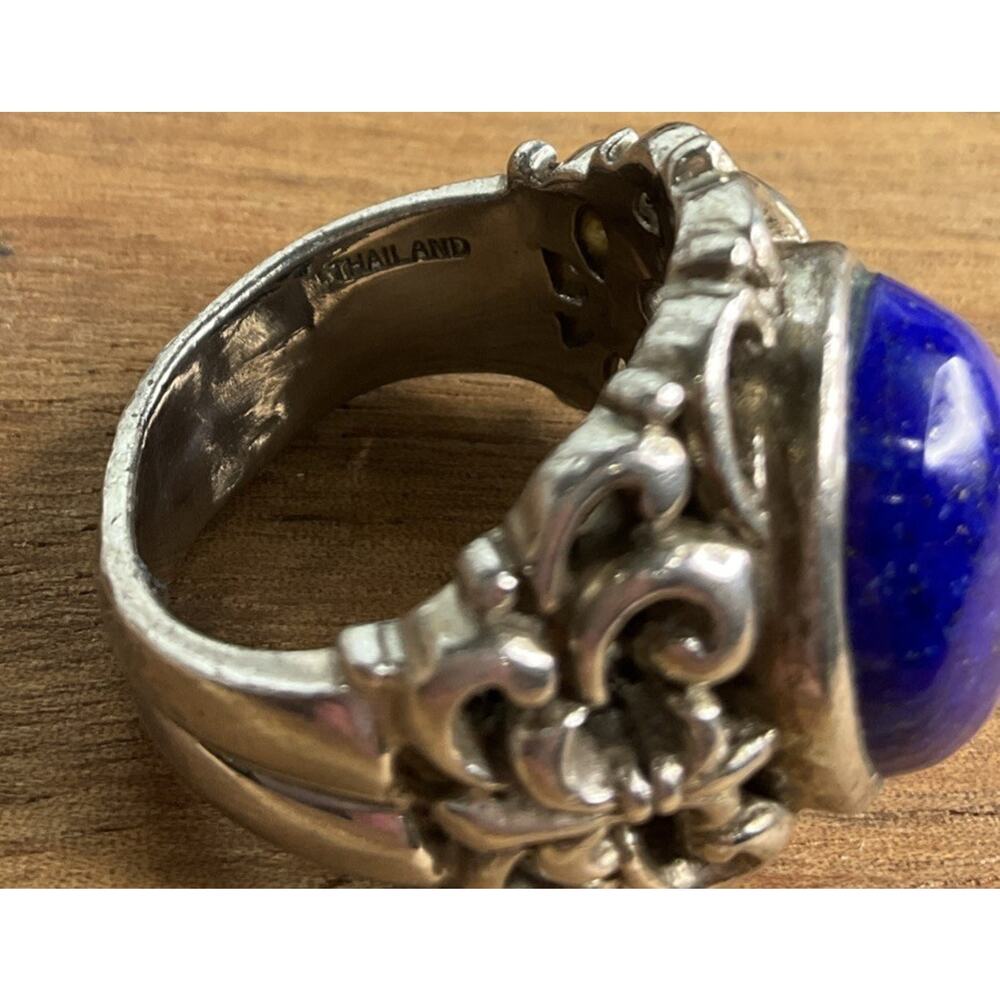 Vintage Lapis Lazuli Sterling Silver Ring Thailand J Filigree Statement Size 7.5 - Picture 3 of 8